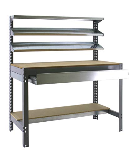 Simon Rack Banco de Trabajo Taller, Capacidad Carga 600 kg, 1445x1510x760 mm, Mesa de Trabajo, 1 Cajón, Gris/Madera - BT1