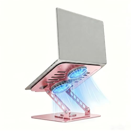 Laptop Stand with Cooling Fan, 360° Rotating Base Aluminum Laptop Riser, Foldable Ergonomic Computer Stand for Desk, Height Adjustable Notebook & All Laptops Up to 17.3" (Pink)