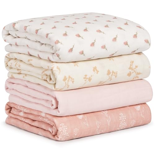 Image of CIVARUA KIDS Muslin Swaddle Blankets for Newborn, 4 Pack Cotton Baby Blankets for Girls, Large 31.5 x 43.3 Breathable Soft Receiving Blanket, Essentials Swaddle Wrap Burping Clothes, Flowers