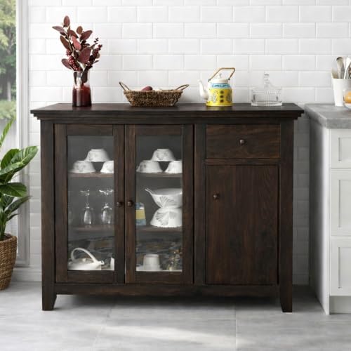 Image of Solid Sheesham Wood Sideboard Cabinet for Living Room | Crockery Cabinet with 2 Acrylic Glass Door | Kitchen Display Unit | 2 Acrylic Glass Doors, 1 Door Cabinet & 1 Drawer | Walnut