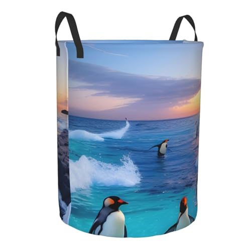 Panier à linge rond sac de rangement imperméable pingouin mer bac pliable