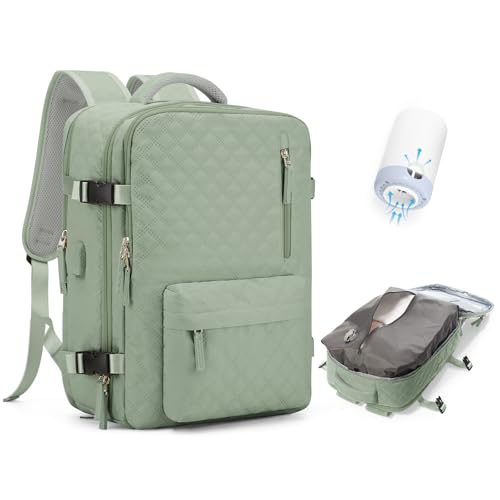 Travel Vacuum Storage Backpack with Air Pump Vacuum Seal Compression Space Saver Bags Clothing Vacpack 18x14x8 inches Travel Bag Carry on Personal item Laptop Work Backpacks Women LightGreen