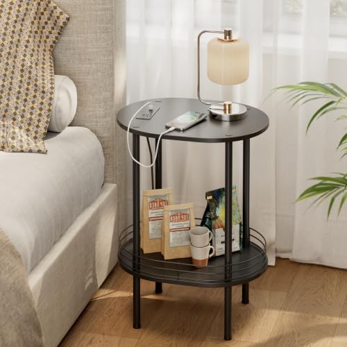 Image of Small Oval Side Table with Charging Station, 2-Tier Black Round End Table | Narrow Nightstand with USB Ports and Outlets, Bedside Table for Small Space - Living Room, Bedroom, Nursery,(1PC,Black)