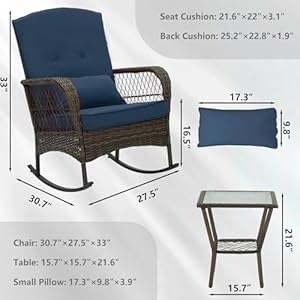 Outdoor Wicker Rocking Chairs 3 Pieces Patio Furniture Rattan Rocker Chairs Wicker Rocking Set with Cushions and Side Table for Garden Patio Yard Porch Lawn Balcony Blue