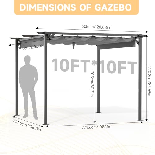Gazebo, bigzzia Metal Pergola With Retractable Roof,Outdoor Parasol Features Water-Resistant And SPF 15 With PU Coated Canopy,Sun Shade For Garden Party Barbecue Event (Gray, 305CMX305CM) - Image 9