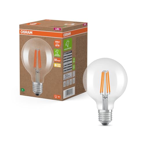 Osram LED Classic LED-Lampe mit Filament in klassischer Ballform, klarer Glasleuchtkörper, 3.8 W, E27 Fassung, EEK A, 806 lm für die Allgemeinbeleuchtung.