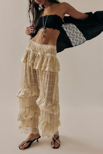 Lace Long Bloomer Pants for Women Y2K Ruffle Victorian Pantaloons Pettipants Slip Pants Capri Pajama Bottoms(Ruffle Ginger,Small