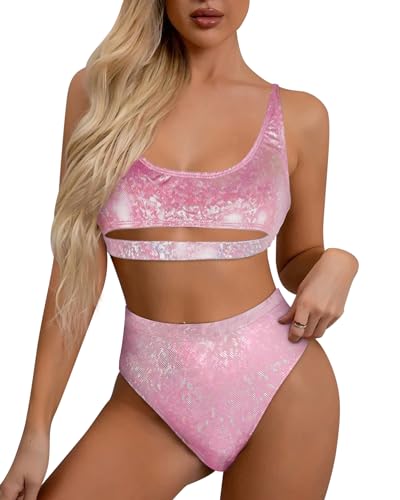 Glitter Rave Outfits for Women - Music Festival Metallic EDM Holographic Swimsuit Sexy Underboob Top Dance Bottom