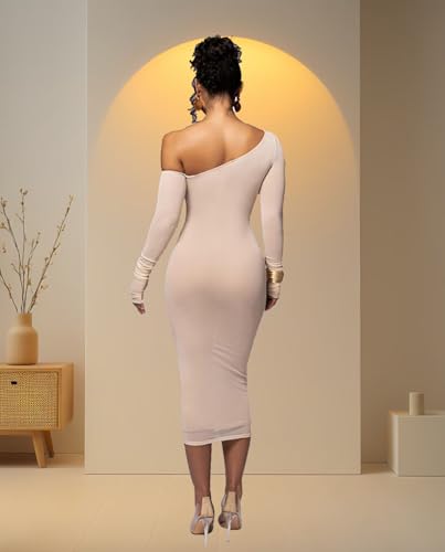 Women's Long Sleeve Mesh Dress - Bodycon Off Shoulder Mesh Ruched Cocktail Club Maxi Dresses3