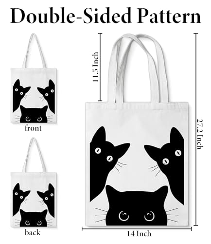 Image of Cute Cat Canvas Tote Bag for Women, Aesthetic Reusable Shoulder Bag for Shopping Travel Work
