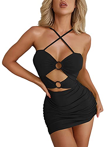 Winkinlin Mini vestido de cuello halter para mujer, vestido ajustado sin espalda, cuello en V, verano, playa, vestido vintage de fiesta, ropa de calle, M-Negro, L Cover