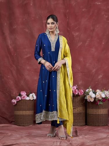 Image of MOKOSH Women's Silk Embroidery Anarkali Kurta Pant with Dupatta | Anarkali Kurta Set |Embroidered |V Neck Full Sleeve Ethnic Suit |3 Piece Outfit