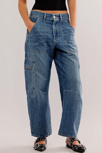 PLNOTME Womens Cargo Barrel Jeans High Waisted Boyfriend Baggy Denim Pants with 6 Pockets2