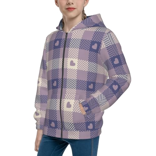 Heart Check Plaid Kid Hoodies Boys Zip Up Sweatshirts Girls Pullover with Pocket