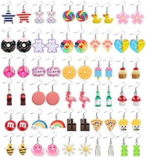Stainless Steel" 30 Pairs Weird Fun Cute Earrings for Women Kawaii Earrings Including Flamingo Rainbow Duck Gummy Bear Water Bottle Pizza Fries Mushroom Conch Drop Dangle Earring Set for Girls