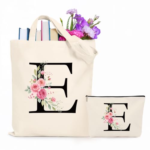 Jersries Floral Initial Canvas Bag Gifts for Women - Personalised Tote Bag & Make Up Bag Set for Bridesmaids Favours Christmas Graduation Gift for Her Teacher Girls Teens Friend Sister (E)