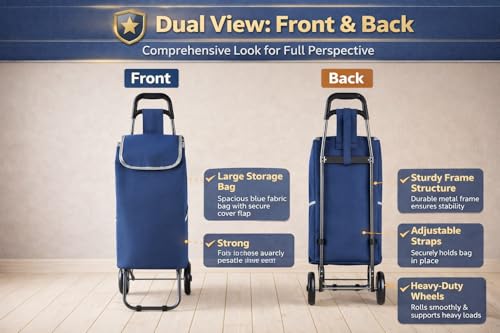 Image of KriShyam Foldable Shopping Trolley Cart | Large Capacity Grocery Cart with Wheels | Durable Fabric Bag | Lightweight Portable Utility Cart for Shopping (2 Wheels + 2 Side Pocket-Blue)