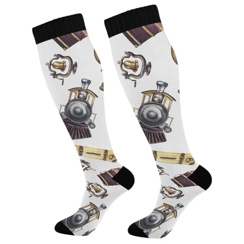 Dussdil Vintage Globes Train Railway Compression Socks for Women Men Christmas Circulation Long Knee Socks for Winter Warm Stockings Socks