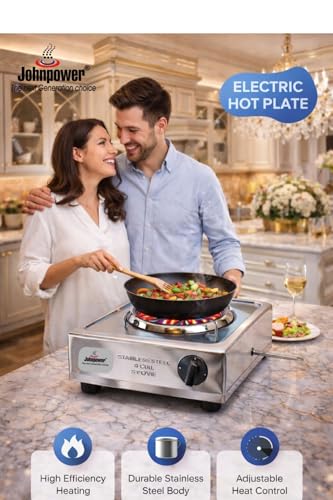 Image of Johnpower Electric Hot Plate 2000 Watt Stainless Steel | Single Burner Portable Stove | Heavy Duty Coil Hot Plate | Adjustable Temperature Control | Chrome Finish Table Top Electric Stove