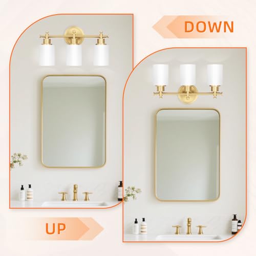 Image of 3-Light Gold Bathroom Vanity Light Fixtures, Brushed Gold Wall Sconce, Champagne Gold Vanity Light with Milky White Glass Shade Over Mirror, Bathroom, Bedroom, Modern Style, E26 Base
