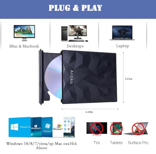 Antika External CD DVD Drive TypeC USB 3.0 Extended Cable Backup Power Line Portable DVD Player Burner Reader for Laptop Desktop PC Apple Mac Macbook Pro Windows 10/8/7/vista/xp Mac osx10.6 Above - Image 3