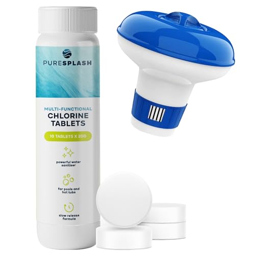 PURE SPLASH Chlorine Tablets for Hot Tub 10 x 20g tablets with Floating Dispenser Small Pool Chlorine Tablets for Inflatable Hot Tub & Paddling Pool