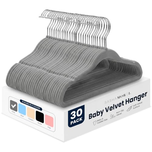 Sasha Morel Baby Velvet Hangers for Clothes 30 Pack - Non-Slip, Grey