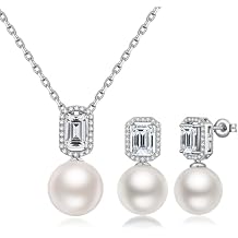 925 Sterling Silver Pearl Jewelry Set for Women, Glossy Simulated Pearl Earrings and Necklace Jewelry Set for Birthday,Wedding,Anniversary Chain 18inch, Jewelry Gift for Women