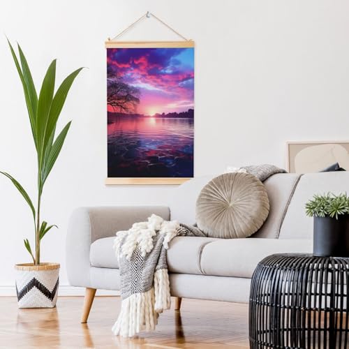 Affiche suspendue coucher de soleil violet, déco murale 91,4 cm