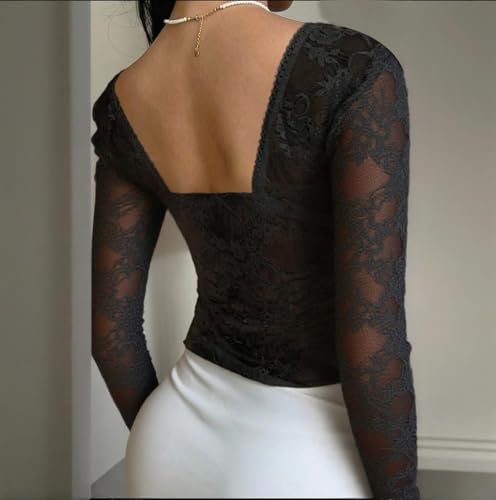 Women Y2k Sweetheart Neck See Through Lace Peplum T Shirt Long Sleeve Mesh Ruffle Hem Layered Babydoll Crop Top3