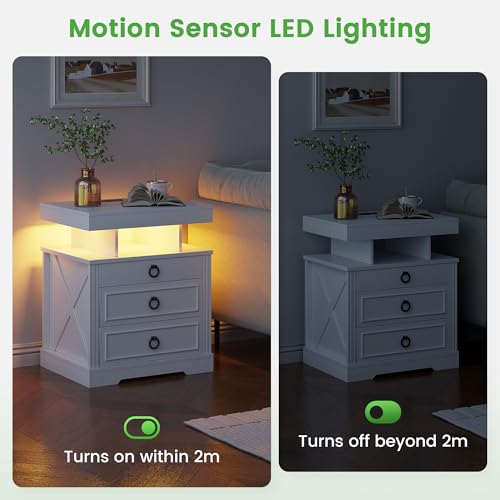 Image of HNEBC Gun Nightstand with Hidden Drawer&Wireless Charging &LED Lights-White | Smart Farmhouse Nightstand with Charging Station,3 Color Auto Light, Hidden Storage,3 Drawers for Bedroom Furniture