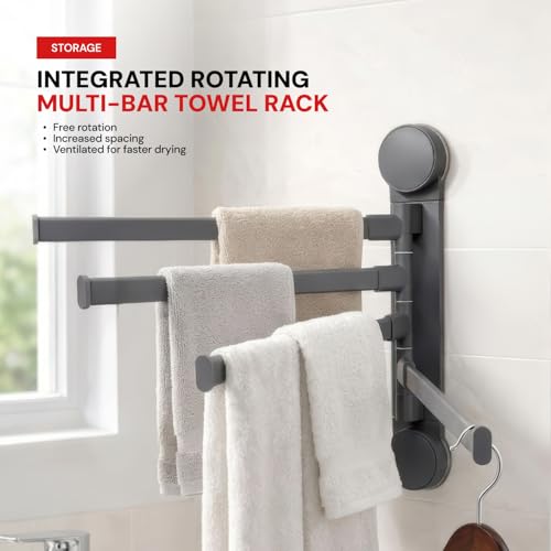 Image of Amazon Basics 4 Bar Suction Towel Holder for Bathroom - Rust - Free Powder Coated Wall Mounted Towel Rack No Drill Towel Rack | Modern Bathroom Accessories Organizer Grey