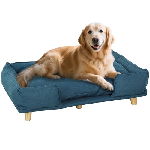 PawHut Divano per Cani Grandi Fino 30 kg, Cuccia Lettino Rialzato per Animali da Interno con Cuscino Rimovibile, 96x66x24 cm, Blu