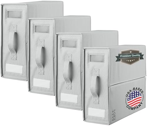 LOFT + IVY Sheet Organizers and Storage – Bed Sheet Holders Box for Linen Closet, Foldable Bedding Storage with Handles, Label Slot, Closure – Grey, 4-Pack