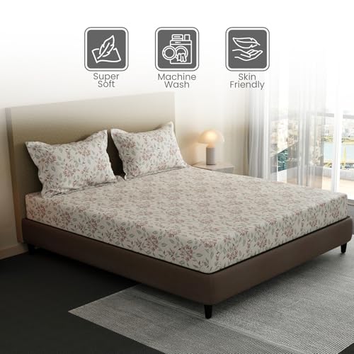 Image of Layers 100% Cotton Fitted Sheet for King Size Bed | Lumina Floret Collection | 144 TC Soft & Breathable | Floral Print with 2 Pillow Covers | Wrinkle Free & Colorfast | 3 Pc Bedding Set - White
