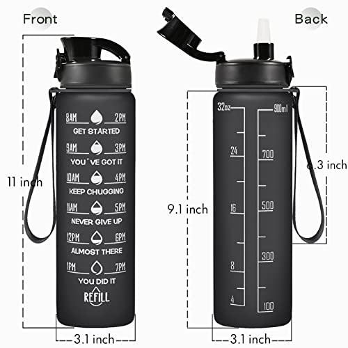 Image of Enerbone 32 oz Water Bottle, Leakproof BPA & Toxic Free, Motivational Water Bottle with Times to Drink and Straw, Fitness Sports Water Bottle with Strap for Office, Gym, Outdoor Sports, Black Matte