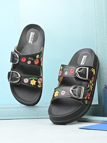 Image of Women Floral Double Strap Buckle Slides | Embroidered Casual Slip-On Sandals for Girls | Lightweight Anti-Slip Comfortable Everyday Wear Flats