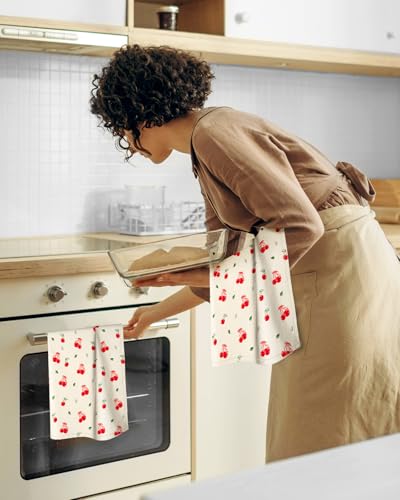 Image of Miss Adola Flour Sack Kitchen Towels Set of 2-18x26 Cotton Dish Towels with Hanging Loop Reusable Tea Towel for Cleaning Spring Absorbent Dishcloths Cute Home Decor Housewarming, Bow Cherry