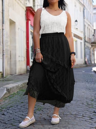 Cicy Bell Womens Lace Ruffle Maxi Skirts Flowy Boho Elastic High Waist Layered Beach Vacation Floral Long Skirts Black — view 5
