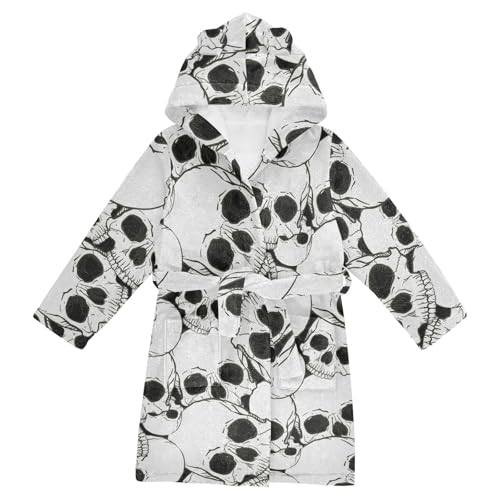 WIFIU Toddler Baby Hooded Bathrobe for Boys Girls White Skulls Heads Printed, Soft Plush Bath Towel Robe with 2 Pockets for 2-3 Years