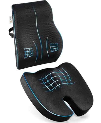Image of FOVERA Back Support for Office Chair & Coccyx Seat Cushion for Tailbone - Orthopedic Memory Foam Sitting Cushion Combo - Relieves Back, Sciatica, Hip, Seat Bone Pain - for Office & Home Chair (Black)