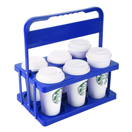 Bodaon 6 Cup Drink Carrier with Handle, Plastic Cup Holders for Take Out Delivery Drivers, Reusable Foldable Car Drink Caddy, Leakproof Food Delivery Accessories, 360° Secure Grip, Blue