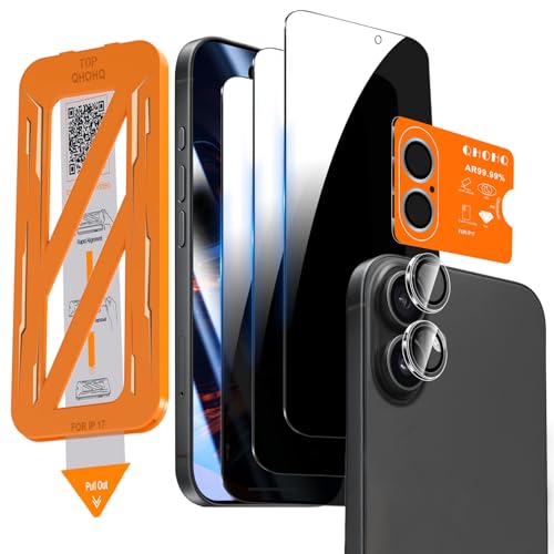 QHOHQ 3 Pack Privacy Screen Protector for 17 + One Set Camera Lens Protector, 28° Anti Spy Tempered Glass for iPhone 2025, [Military Grade Shatterproof], 1-Second Auto-Install, Case Friendly