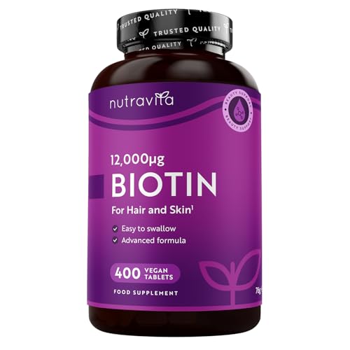 Biotin Hair Growth Supplement 12000mcg - 400 Vegan High Strength Biotin Tablets (1+ Year Supply) - High Absorption Vitamin B7 Biotin Tablets for Hair - Supports Skin & Hair Growth - Nutravita