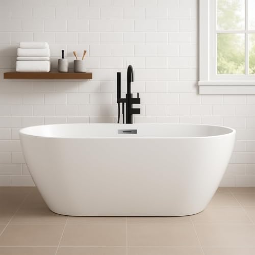 Image of 59'' Acrylic Free Standing Soaking Tub, Double-Walled Insulated Freestanding Bathtub with Ergonomic Deep Design, Glossy White, Matte Drain, Black Overflow, cUPC Certified Stand Alone Tub