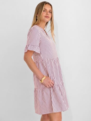 Image of Caracilia Dresses for Women Summer 2026 Striped V Neck Ruffle Sleeve A Line Tiered Flowy Casual Mini Beach Dress with Pockets