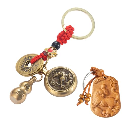 Wangenbro 2 in 1 Feng Shui Wu Lou Brass Gourd 12 Zodiac Wood Carved Lucky Key Chain - Chinese Style Gift for Collecting and Gifting(Tiger)