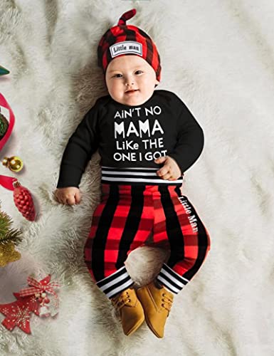 Agapeng Baby Boy Clothes 0-3 Months Christmas Baby Boy Outfits Infant Letter Print Romper Red Black Plaid Pants Hat Baby Boy Christmas Clothes Baby Boy Gifts #TOP1