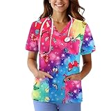 Scrubs for Women V Neck Printed Scrub Tops Soft Knit Nurse Uniform Shirts with 3 Pockets