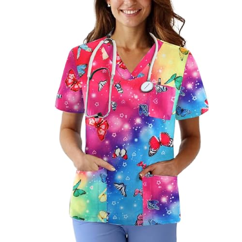 Scrubs for Women V Neck Printed Scrub Tops Soft Knit Nurse Uniform Shirts with 3 Pockets